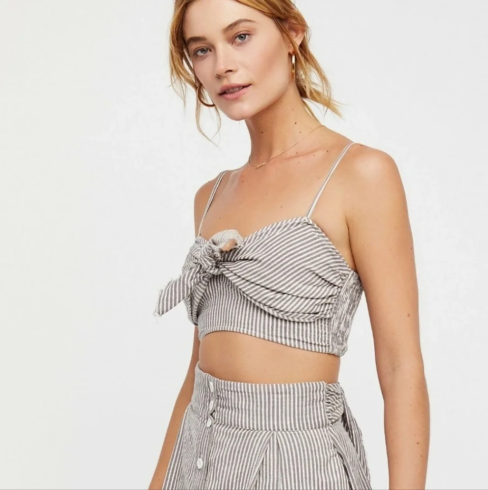 Free People NWT One Railroad Twin‎ Ties Striped Tie Top Cropped Medium
